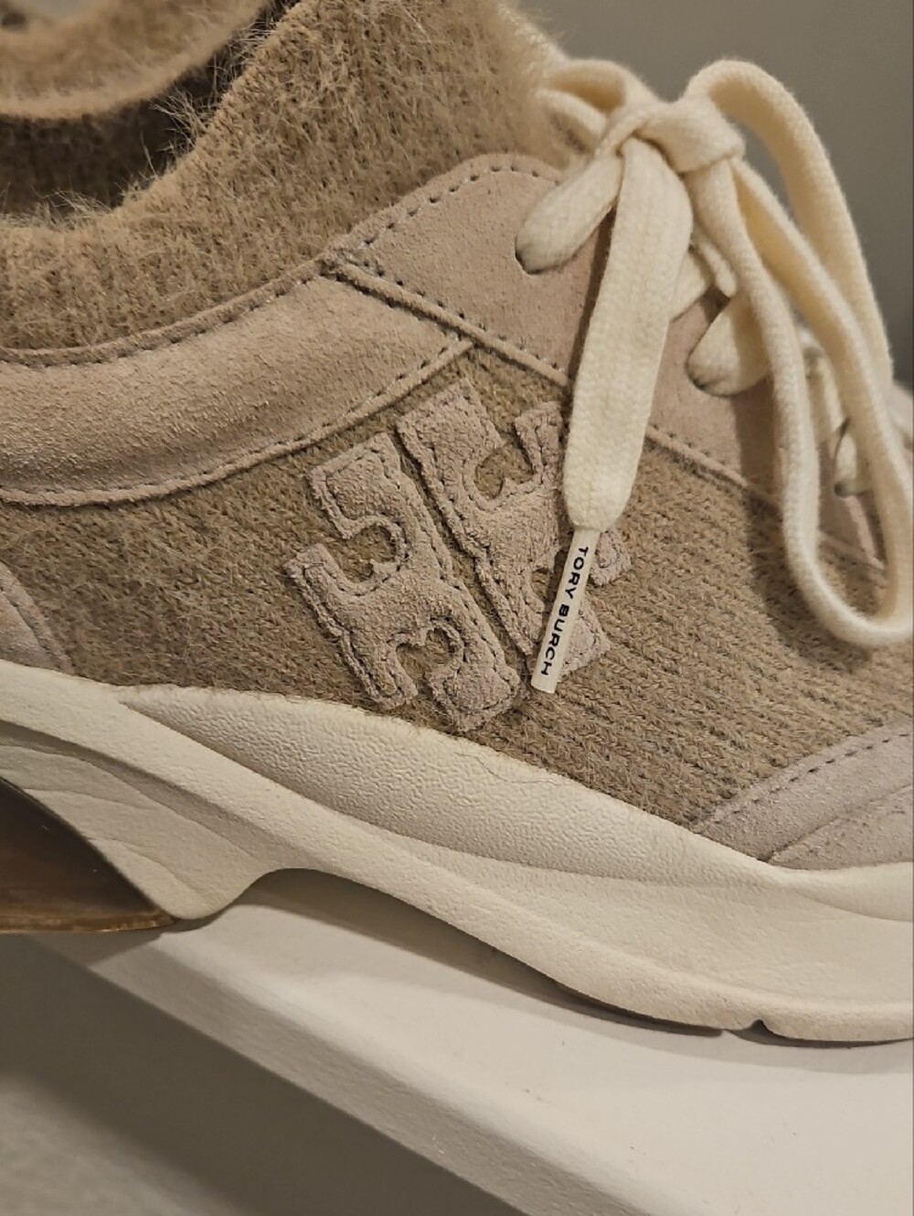 Tory Burch Neutral Beige Suede & Knit Mixed-Media Sneakers - Picture 2 of 6